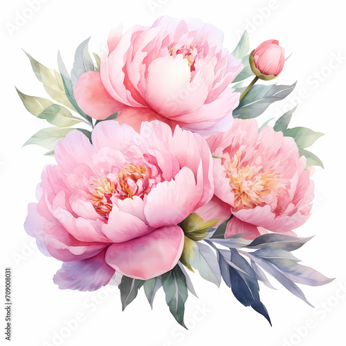 Pink peonies. Botanical watercolor illustration isolated on white background. Floral arrangement of peony bouquet. Invitations  greeting  wedding  holiday card design.