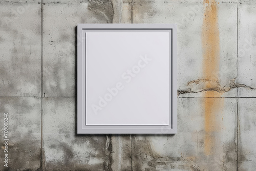 A close up of a picture frame on a wall with a wallpaper. Suitable for interior design blogs, home decoration articles,. Empty plastered concrete grungy wall with a blank mockup photo frame. © Planetz