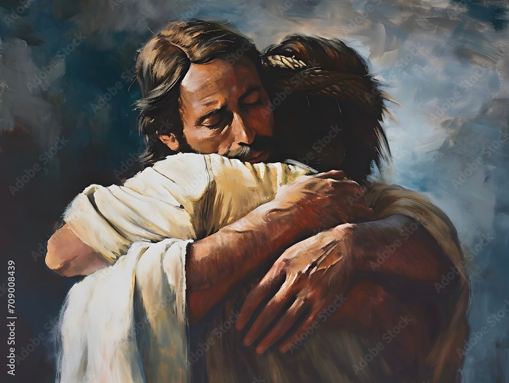 Jesus Christ hugging and comforting a man, oil painting - obrazy, fototapety, plakaty 