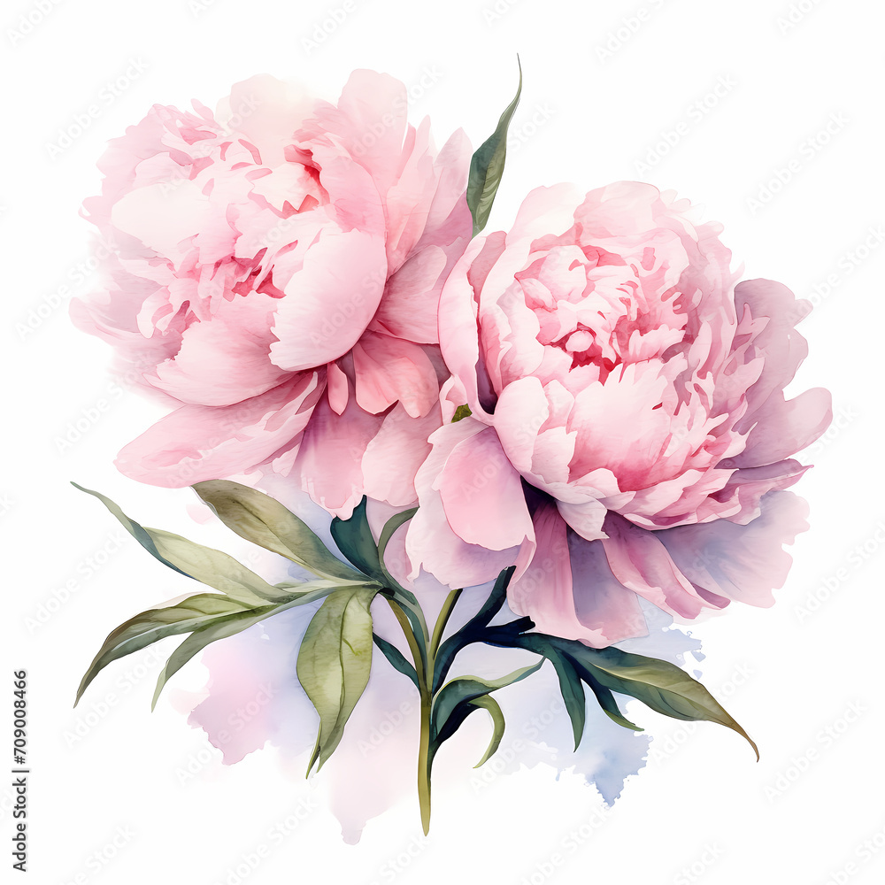 Pink peonies. Botanical watercolor illustration isolated on white background. Floral arrangement of peony bouquet. Invitations, greeting, wedding, holiday card design.
