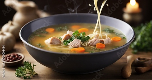  an image that emphasizes the rising steam from a bowl of hot, comforting soup, capturing the warmth and inviting aroma of this nourishing dish. - Generative AI