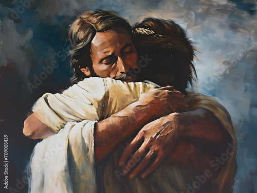 Jesus Christ hugging and comforting a man, oil painting photo