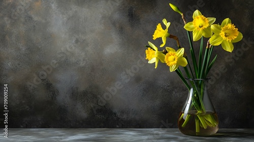 yellow narcissus in vase on table with gray background photo