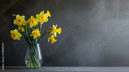 yellow narcissus in vase on table with gray background