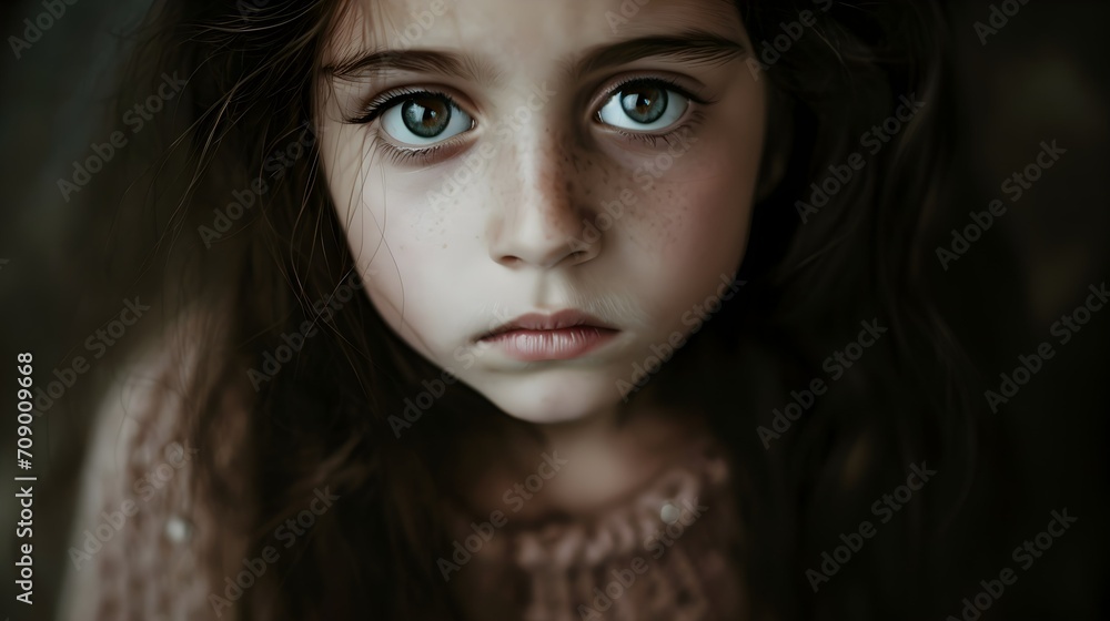 The portrait of the young brunette captured a moment of intense contemplation, the child's eyes wide with fear and her face reflecting deep pensive beauty