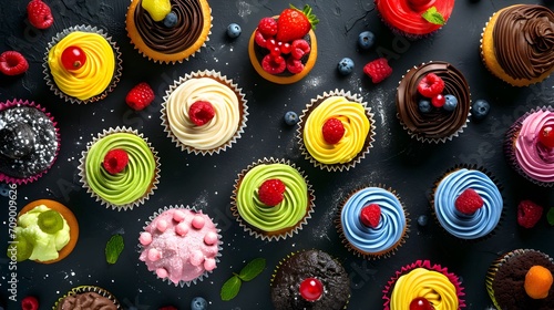 Top view of the assortment of many different cupcakes with colorful frosting and berries on black table background. Bakery concept