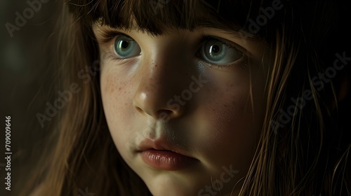 The portrait of the young brunette captured a moment of intense contemplation, the child's eyes wide with fear and her face reflecting deep pensive beauty