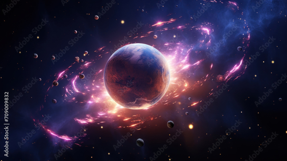 Stunning space scene featuring planets amidst a colorful nebula, with a dynamic cosmic event unfolding.