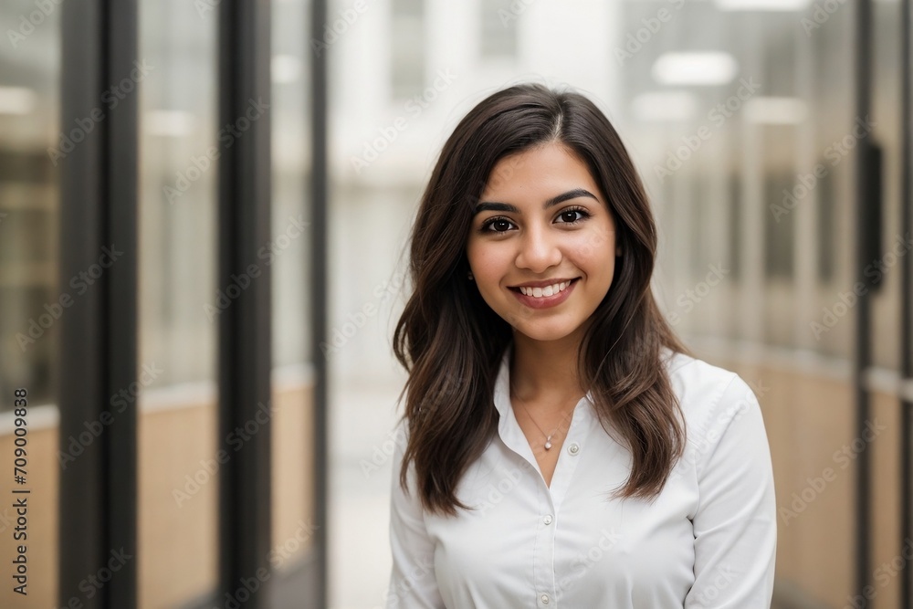 A young Hispanic businesswoman standing outside the office building with copy space.