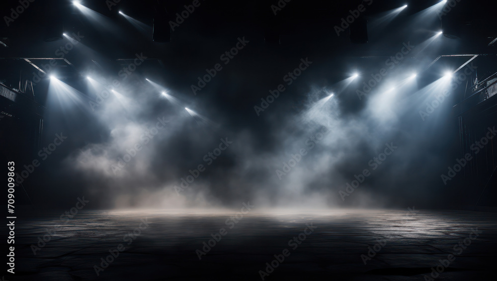 Spotlight's Dance: A mesmerizing abstract light display in an empty night club, with a dark blue backdrop, illuminated stage, and bright beams of light cutting through the smoke-filled room. - obrazy, fototapety, plakaty 