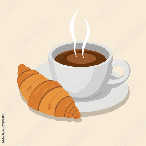 Vector illustration. Cartoon croissant and cup of coffee