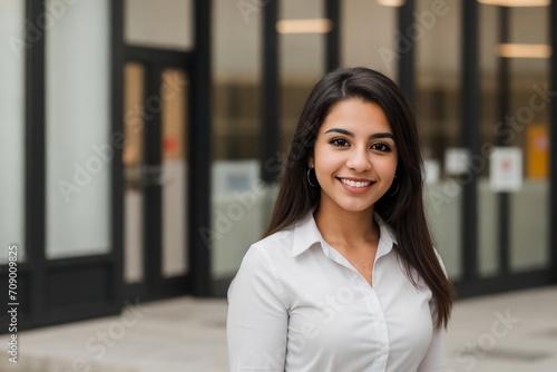 A young Hispanic businesswoman standing outside the office building with copy space.