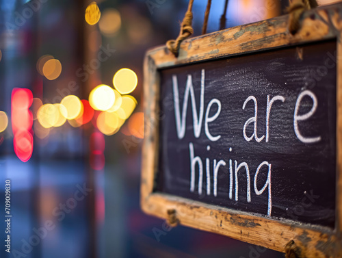 'We are hiring' sign on a chalkboard in a café window, with a blurred background of warm lights. photo