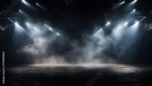 Spotlight's Dance: A mesmerizing abstract light display in an empty night club, with a dark blue backdrop, illuminated stage, and bright beams of light cutting through the smoke-filled room. photo