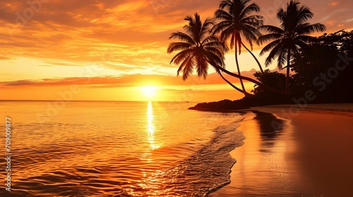 Sunset on a tropical beach with palm trees