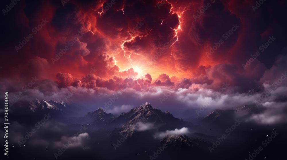 An ominous red storm brews above volcanic peaks with intense lightning, creating a foreboding atmosphere.