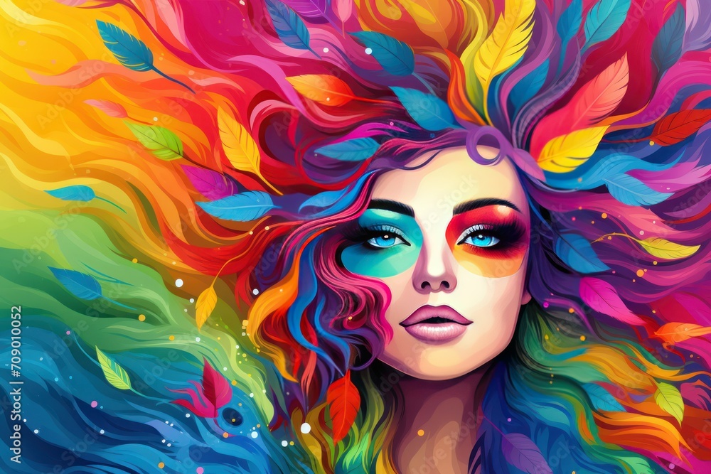 Happy Women's day portrait like a colorful bird, super bright hair feathers texture, fashion 1980s. Portrait of a girl with feathers. Expressive look. International 8 March illustration