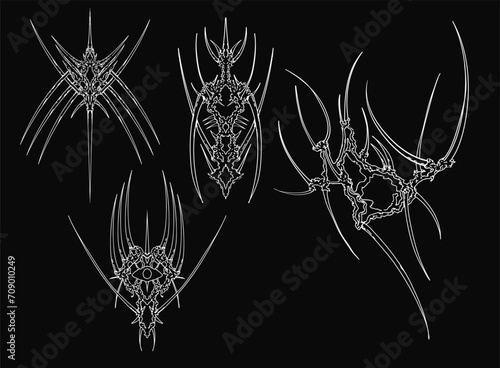 Cyber sigilism elements. Neo Tribal symmetrical shapes, gothic sharp spikes with heart. Vector set