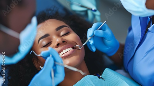 selective focus of young african american woman lying on dental chair in clinic, Woman in cabinet with eyes closed during procedure made by dentist and assistant photo