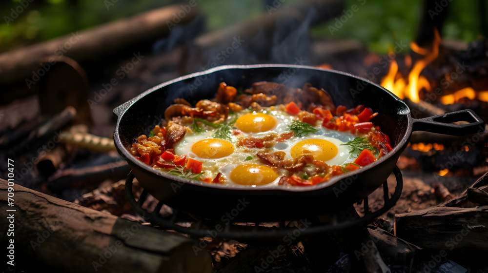 Camping breakfast cooked with bacon and eggs in a cast iron pan Camping breakfast cooked with bacon and eggs in a cast iron pan