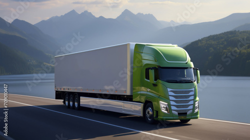 An eco-friendly green semi-truck driving on a mountain road by a serene lake, symbolizing sustainable transportation.