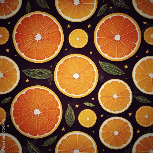 Orange Fruit Food Fresh Citrus Pattern illustration. A vibrant display of oranges and leaves, arranged for visual appeal. Various sizes of oranges, some closer and others in the background, intermingl
