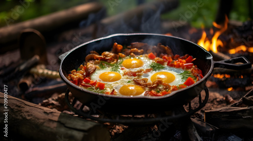 Camping breakfast cooked with bacon and eggs in a cast iron pan
