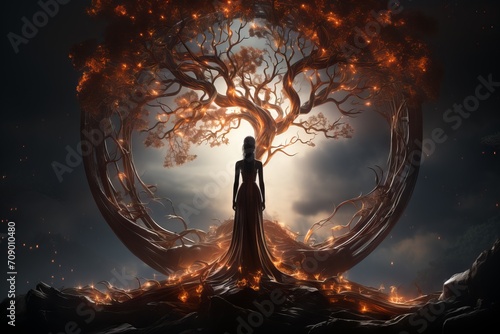 Mystical woman standing under a majestic tree with glowing branches forming a circle around the sun against a dark sunset sky. Concept: fantasy tree of life, esoteric, game character
 photo