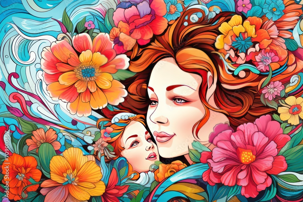 Mother and child. Happy Mother's day, colorful drawing with flowers. Mother and child. Happy Mother's day, colorful drawing with flowers.