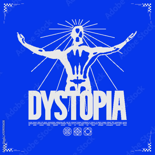 Streetwear Y2K print with people. Trendy design for clothing t-shirt, hoodie, sweater. "Dystopia" with dither pixel effect