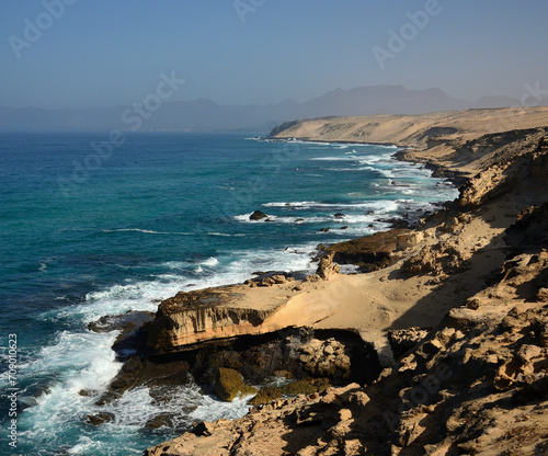 West coast of Fuerteventura Island and wild beach of Agua Liques, Natural park of Jandia, Canary Islands, Spain