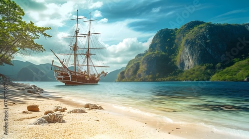 Sailing ship on a tropical beach, Palawan island, Philippines, Wooden tall ship sailing in a Caribbean island bay