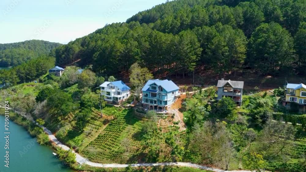 Drone shot of flying by the lake shore with thick dense forest and houses cottages in between the trees