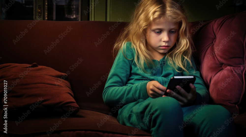 Obraz premium A young blonde child sitting on a couch, deeply focused on a smartphone screen, illuminated by its light in a dark room.