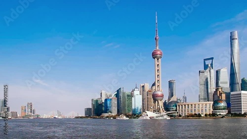 Shanghai lujiazui huangpu bund skyline in a clear day with blue sky. photo