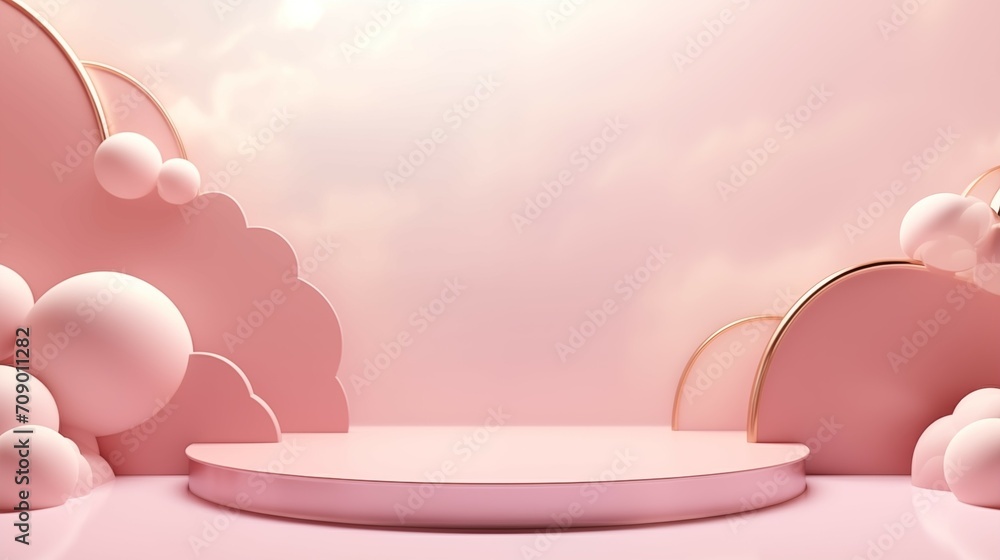 Fototapeta premium A pink podium with pink balloons on a pink wall background.