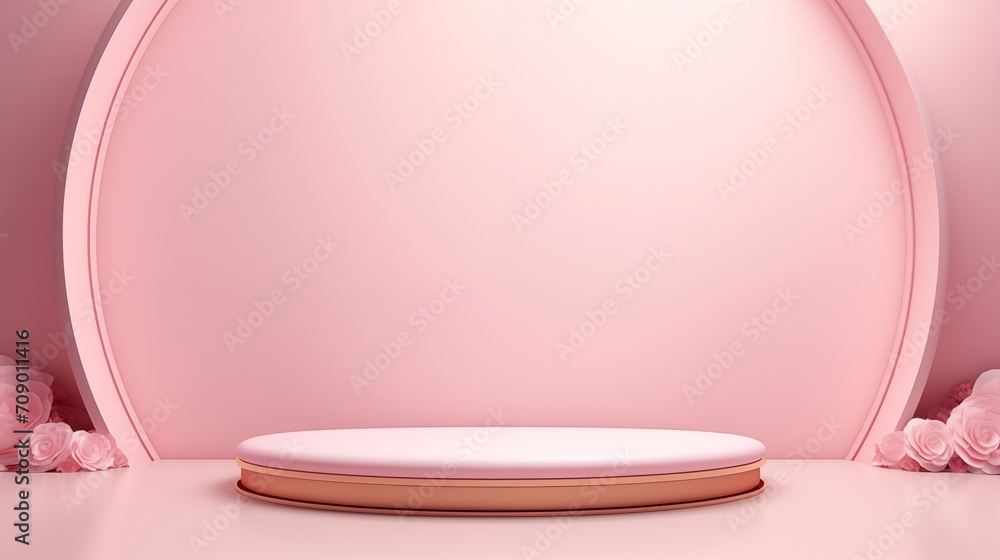 A pink podium with a circle arch on a pink wall background. A pink podium with a circle arch on a pink wall background.