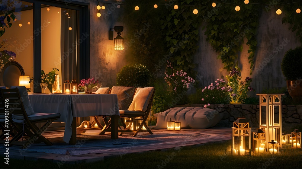 Outdoor setting, such as a patio or garden, with a table lit by candles and lanterns under the stars, providing a magical and peaceful evening atmosphere