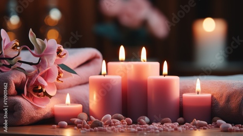 A group of pink burning candles with towels and flower buds. Concept: spa therapy and relaxation. Aromatherapy