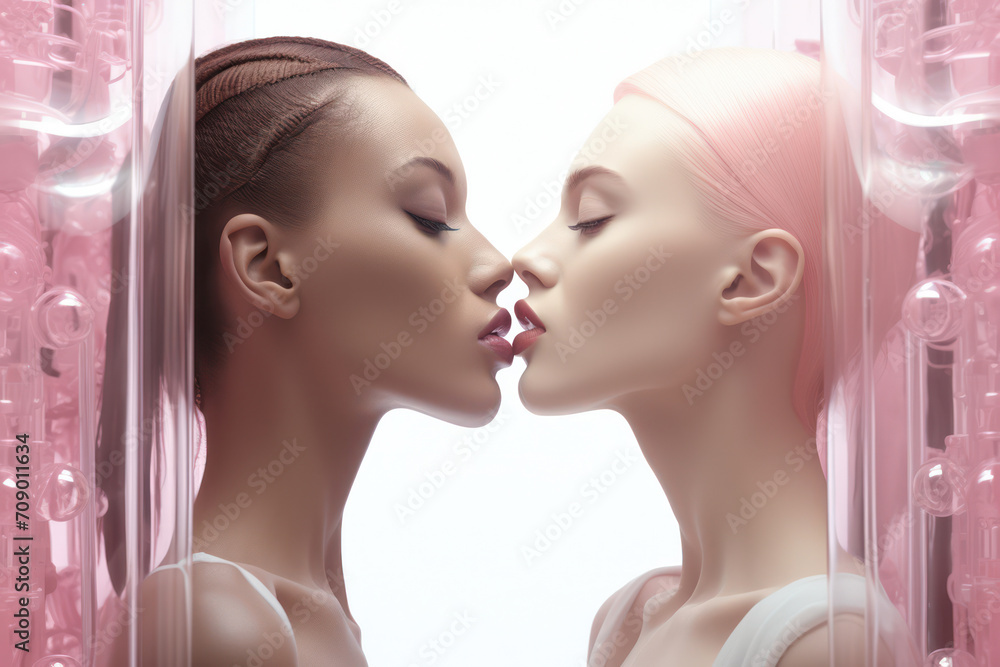 Beauty and Love: Two Pretty Caucasian Women Fashionably Embracing with Sensuality and Attraction against a Romantic Background Beauty and Love: Two Pretty Caucasian Women Fashionably Embracing with Sensuality and Attraction against a Romantic Background
