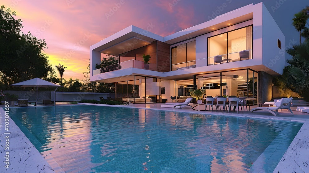 Modern luxury villa with swimming pool at sunset.