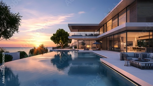 Modern luxury villa with swimming pool at sunset. © PSCL RDL