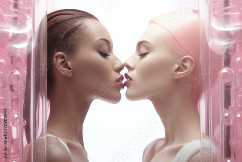 Beauty and Love: Two Pretty Caucasian Women Fashionably Embracing with Sensuality and Attraction against a Romantic Background photo