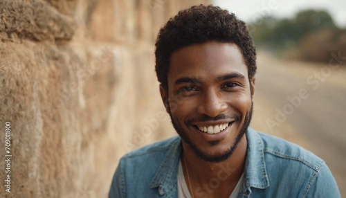 Black Man with Big Smile, Blue Jeans and Mustache on Road to Success - 2018 Stock Photo