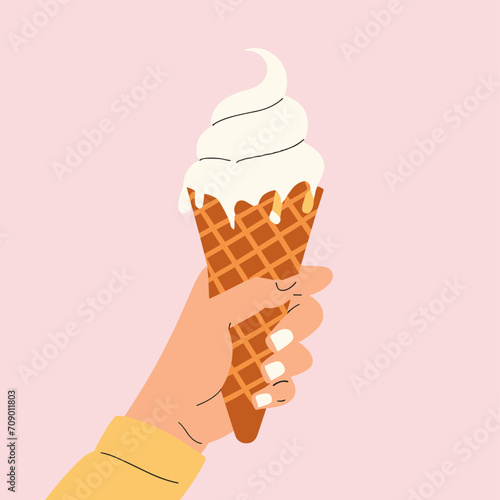 Hand holding ice cream in wafer style cone. Vector cartoon flat style illustration