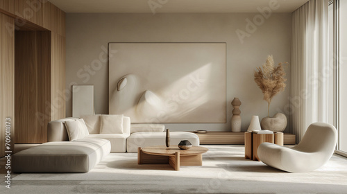 Modernes helles Wohnzimmer mit beigen Möbeln