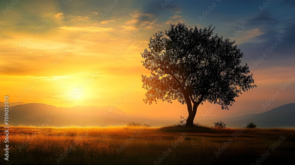 Lone Tree in the Sunset Glow, Solitary Beautiful Tree, Nature's Tranquil Evening, Lone Tree Landscape, Sunset Beauty, Peaceful Scenery, Golden Hour