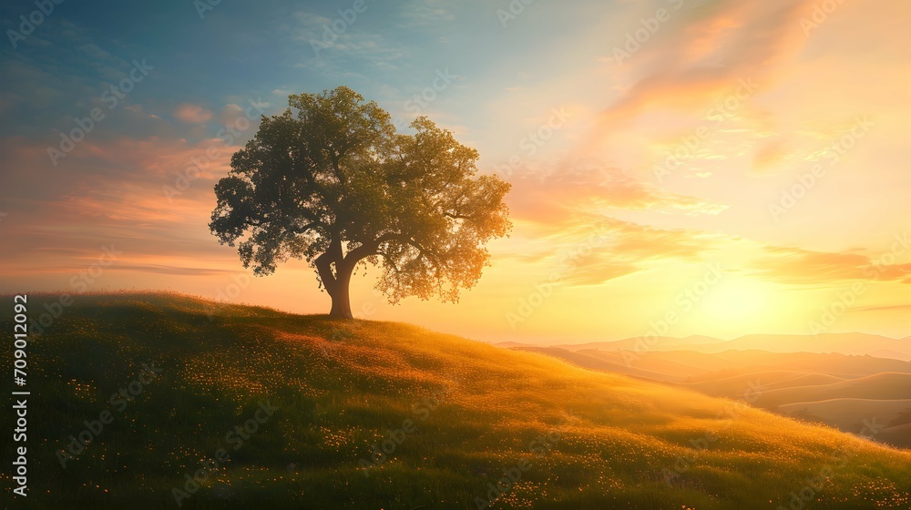Fototapeta premium Lone Tree in the Sunset Glow, Solitary Beautiful Tree, Nature's Tranquil Evening, Lone Tree Landscape, Sunset Beauty, Peaceful Scenery, Golden Hour