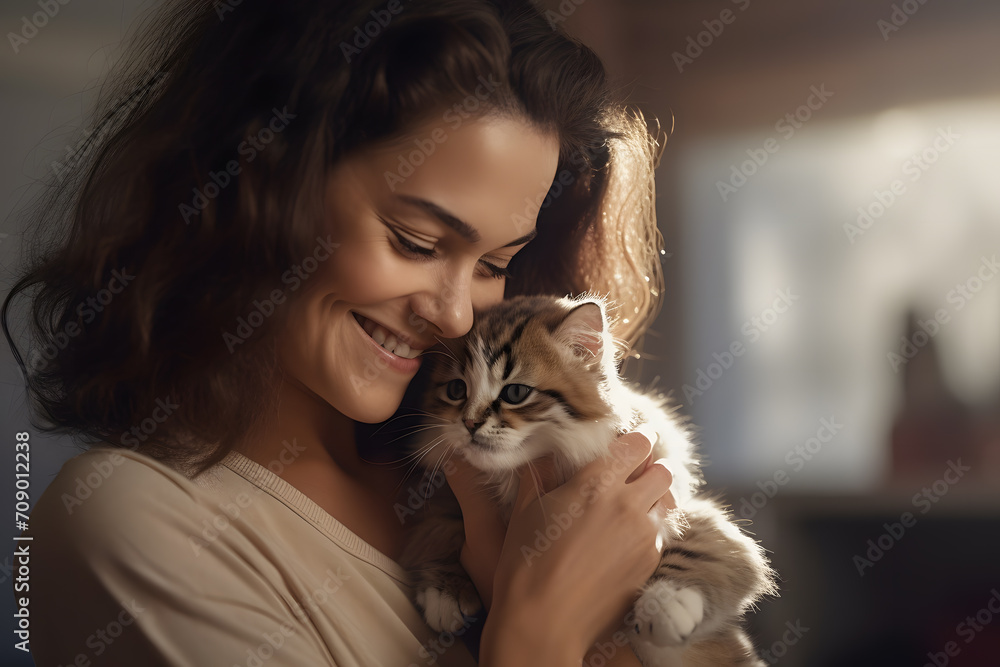 Portrait of a woman with her pet, a cat puppy Portrait of a woman with her pet, a cat puppy