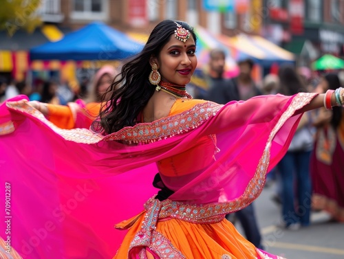 A woman in a vivid pink and orange fusion dress at a cultural street festival, her attire reflecting the vibrant energy 